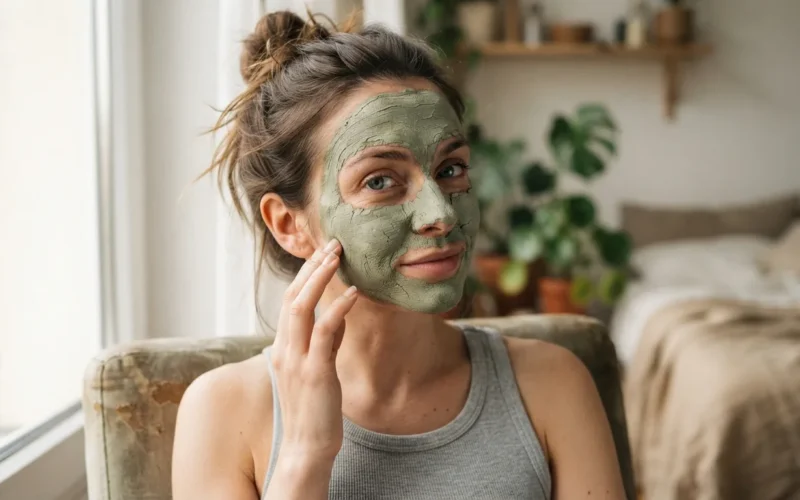 a woman with a green clay mask on her face