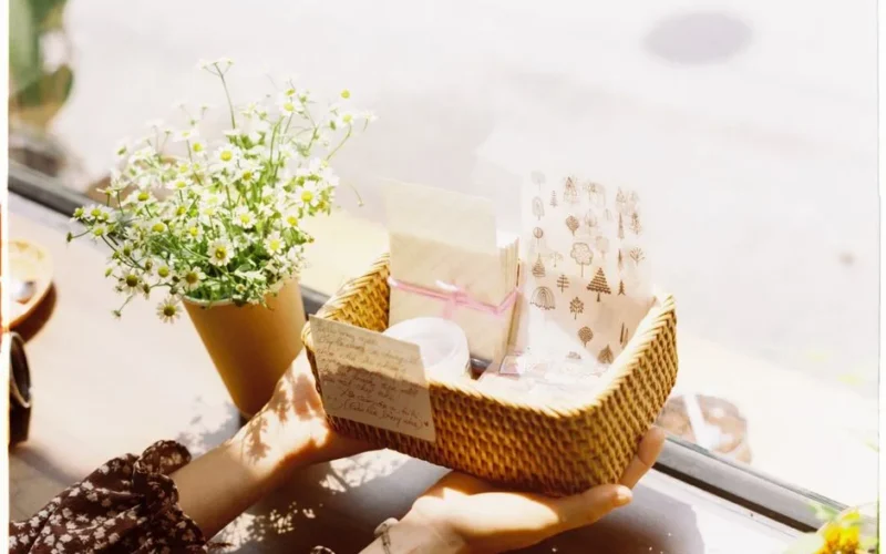 A beautiful gift basket with cards and chamomile flowers on a sunny windowsill.