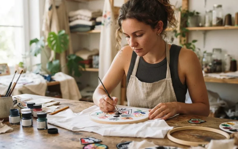 a person decorating a t-shirt with fabric paint or patches