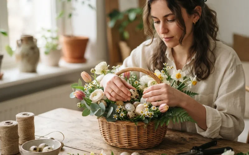 a person arranging flowers and eggs in a woven Easter basket
