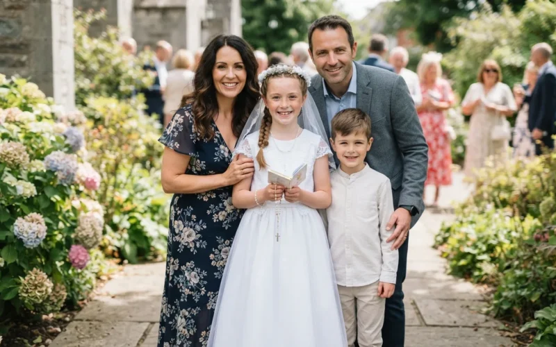a child in a white communion dress with family