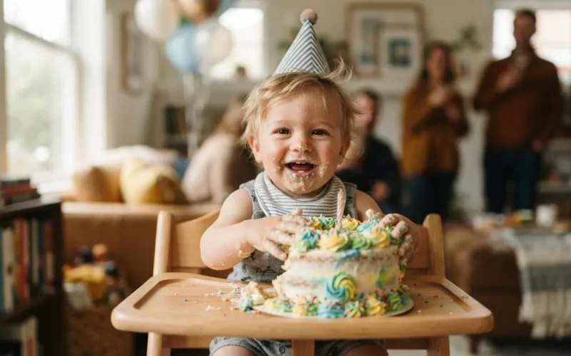 a baby boy with a birthday cake and a party hat
