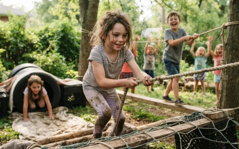 children playing on a homemade obstacle course in a backyard