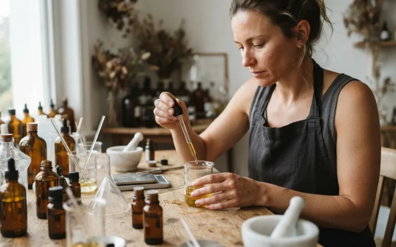 a person mixing essential oils at a table with perfume bottles