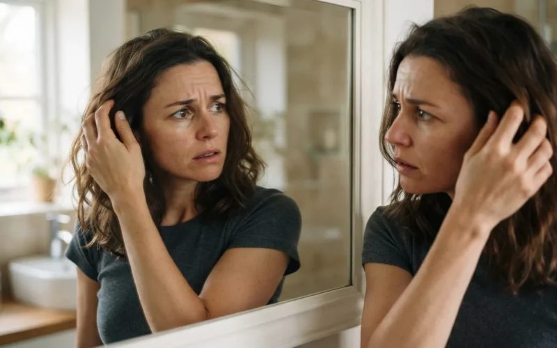 a person looking in a mirror with a worried expression, touching their hair