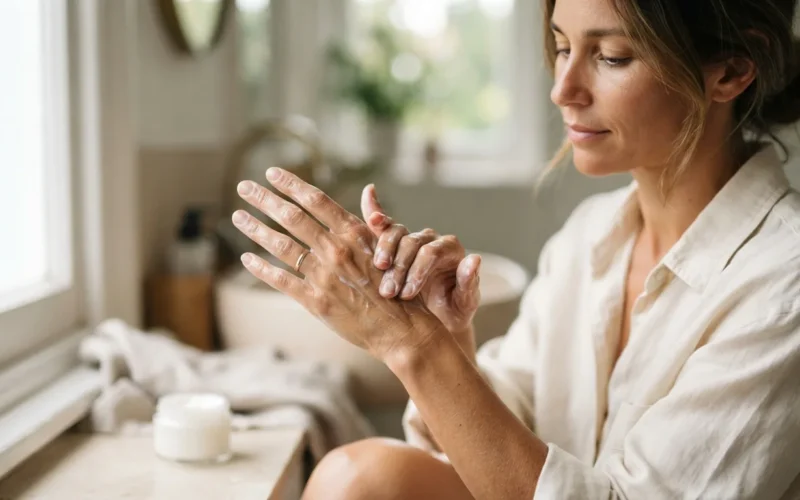 a woman applying moisturizer to her hands