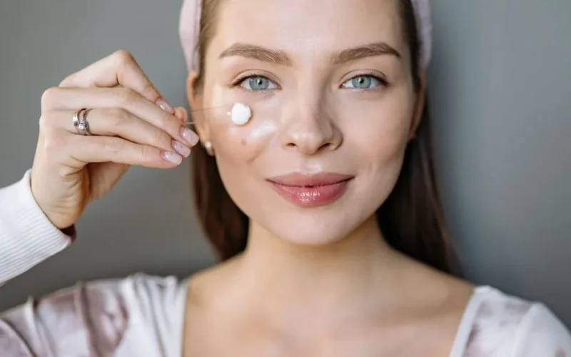 Smiling woman applying facial cream for skincare routine