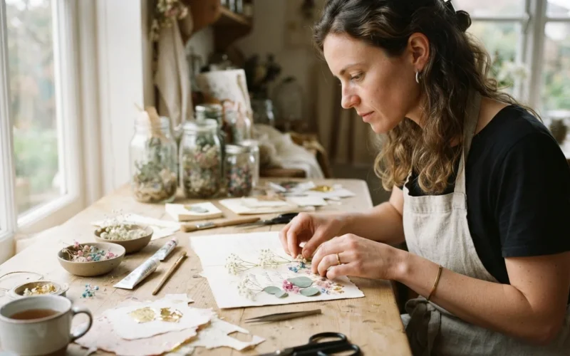 a person crafting a wedding card with decorative paper and flowers