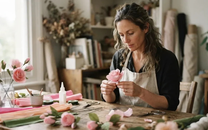 a woman making paper flowers at a table