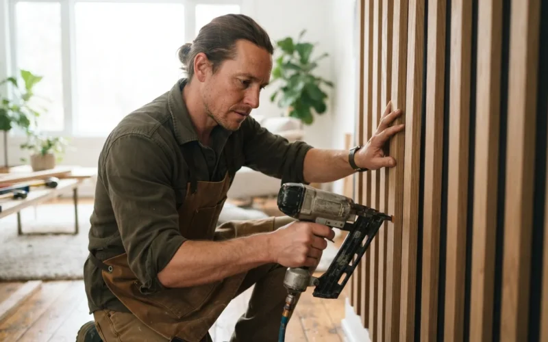 a person installing wooden slats on a wall
