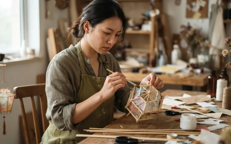 a person crafting a paper lantern at a table