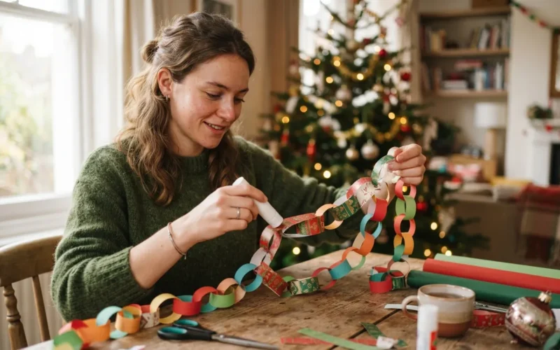 a person making a paper chain Christmas decoration