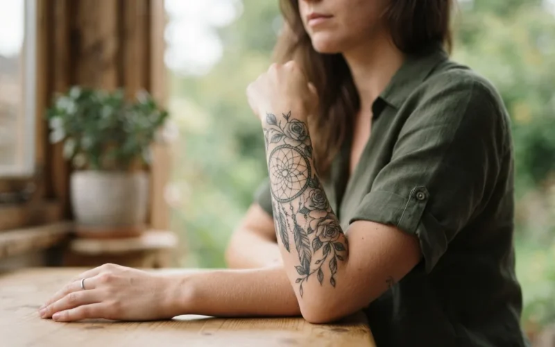 a person with a dreamcatcher and rose tattoo on their arm