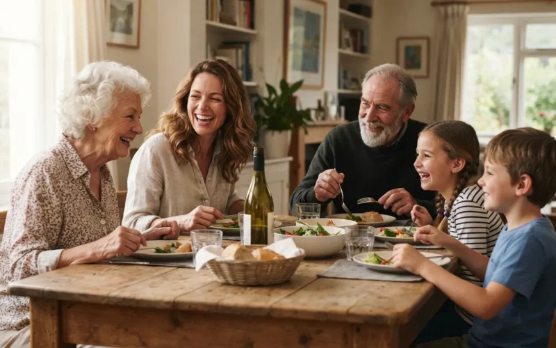 a multi-generational family sitting together at a table