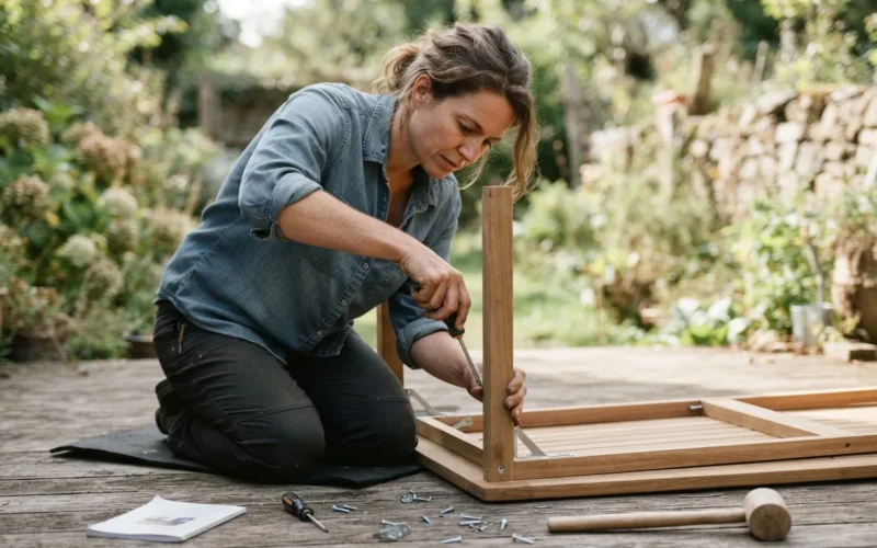 a person assembling a wooden garden table outdoors