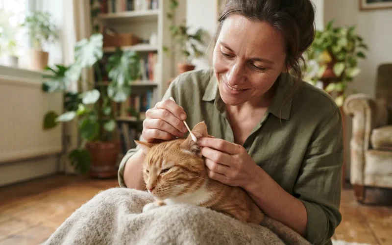 a person gently cleaning a cat's ears