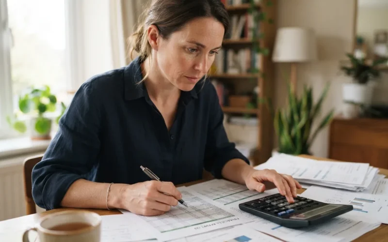 a person reviewing financial documents with a calculator