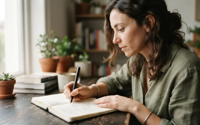 a person writing in a notebook at a desk