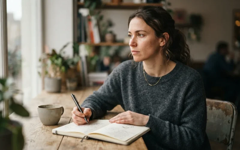 a person sitting thoughtfully with a notebook and pen