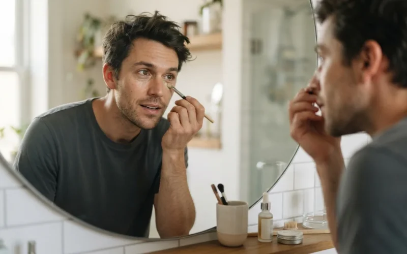 a man applying a subtle amount of concealer or foundation in front of a mirror