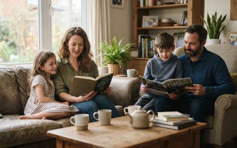 a family sitting together without electronic devices