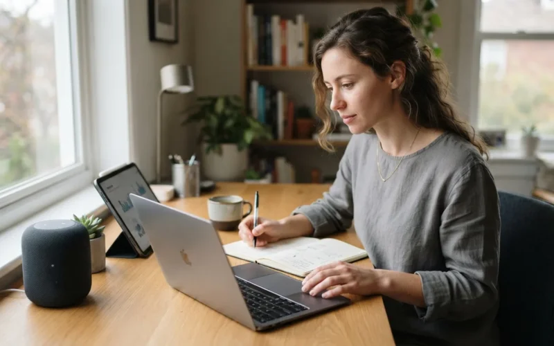 a person working at a modern desk with a smart speaker and a tablet