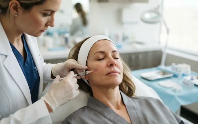 a woman receiving a facial injection treatment in a clinic