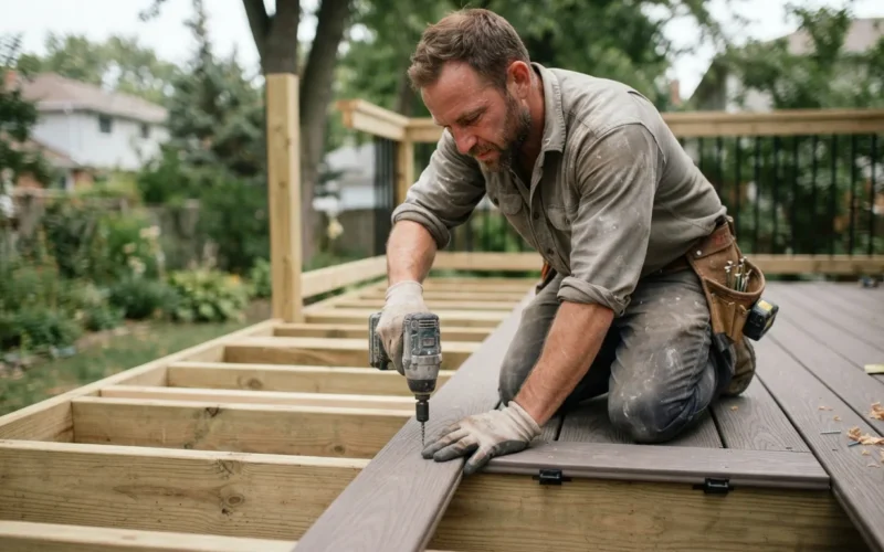 a person installing composite decking boards on a deck frame