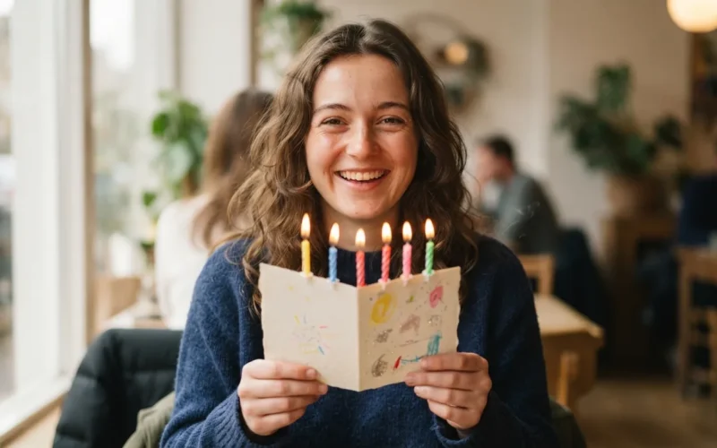 a young person holding a birthday card with candles