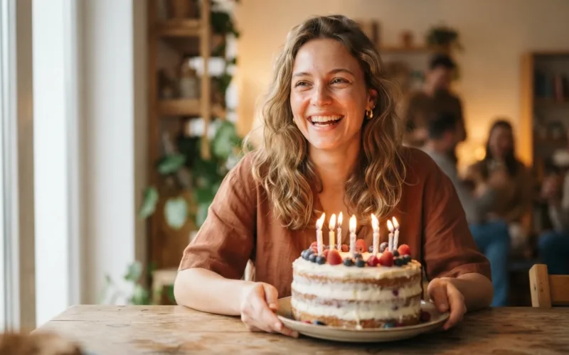 a young woman smiling with a birthday cake