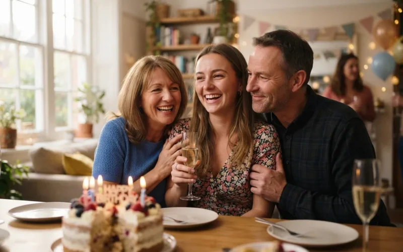 a young adult with their parents at a birthday celebration