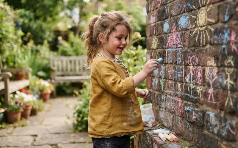 a child drawing on a wall with chalk