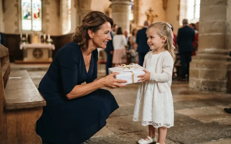 a godparent handing a gift to a child in church clothes