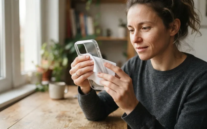 a person cleaning a transparent phone case