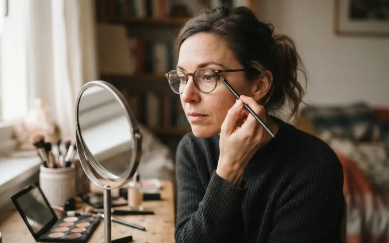 a woman wearing glasses and applying makeup