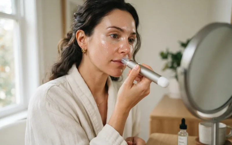 a woman applying a facial serum to her skin with a microneedling device