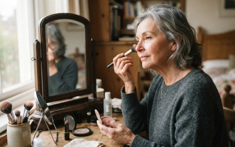 an older woman applying makeup in front of a mirror