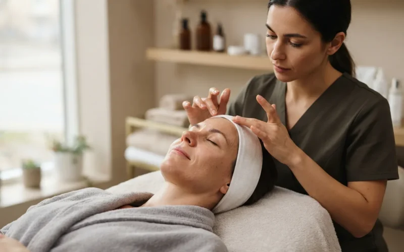 a woman receiving a facial treatment from a cosmetologist