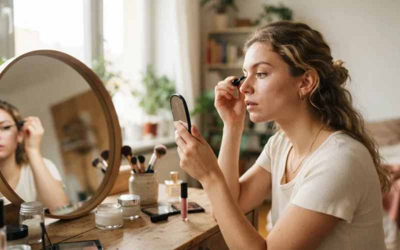 a woman applying makeup in front of a mirror
