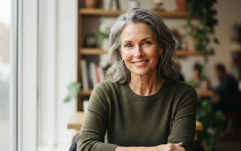 a mature woman with defined cheekbones and bright eyes