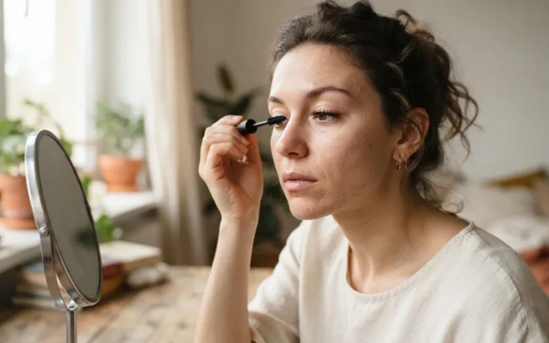 a woman applying mascara to her eyelashes