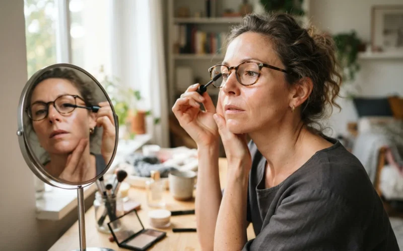 a woman applying makeup while wearing glasses