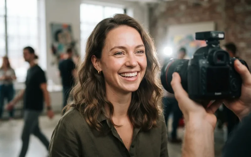 a woman having her photo taken with flash