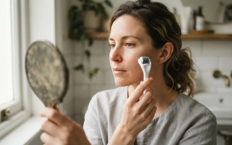 a woman applying a dermaroller to her face