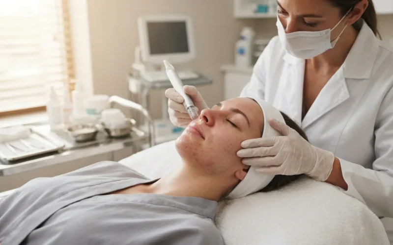 a woman receiving a facial treatment at a dermatology clinic