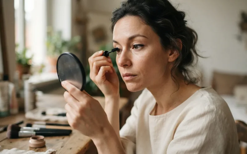 a woman applying makeup near her eyes
