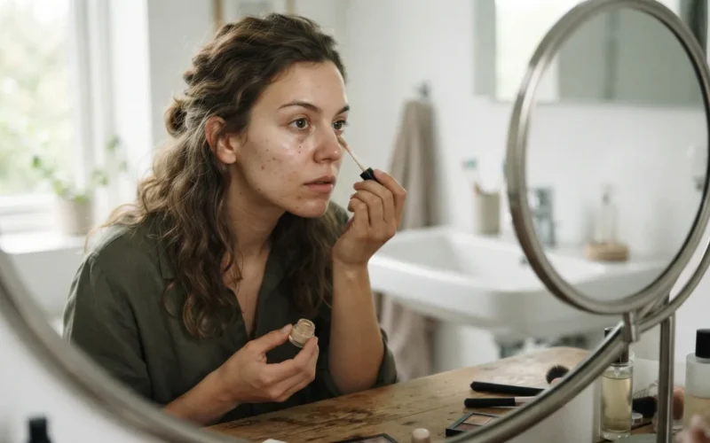 a woman applying concealer to her face in front of a mirror
