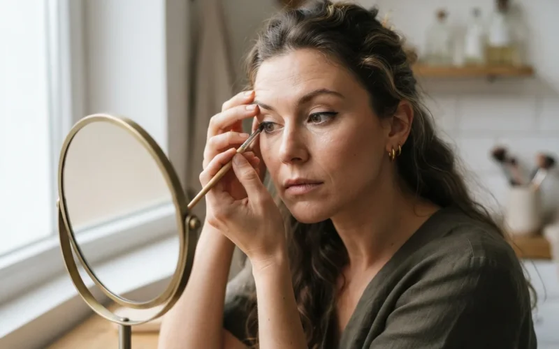 a woman applying makeup to her face