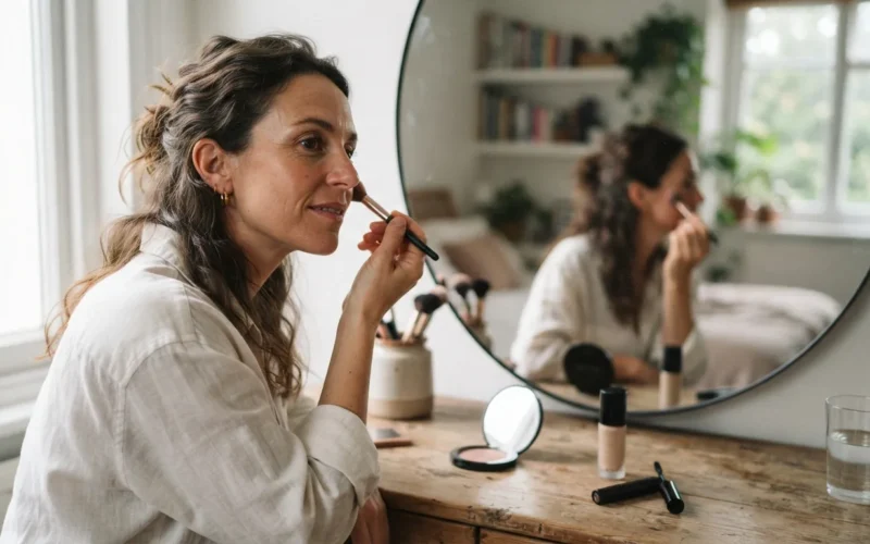 a woman applying makeup in front of a mirror
