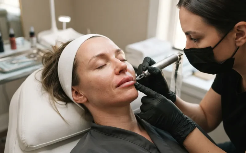 a woman getting lip tattoo treatment